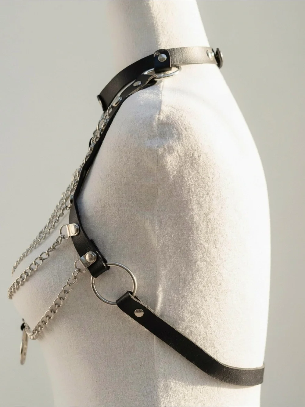 Y2K 2000s style Silver Chain Harness with Black Leather Straps and Silver Studs